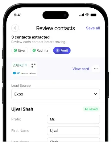 Review contacts screen with auto-filled fields