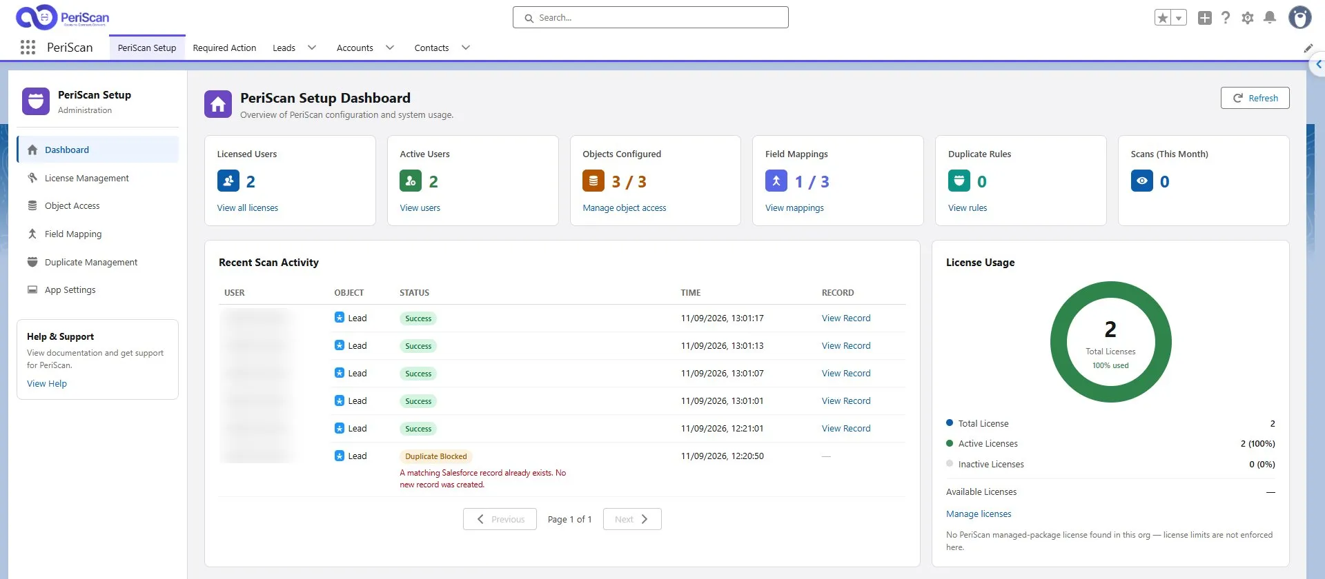 PeriScan Setup Dashboard in Salesforce