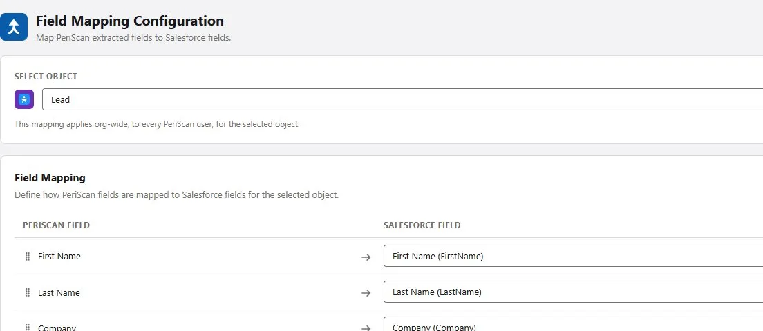 Field Mapping between scanned card data and Salesforce fields